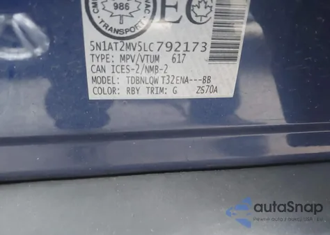 2020 Nissan Rogue S Intelligent Awd/Sl Intelligent Awd/Sv Intelligent Awd from USA, damaged, VIN 5N1AT2MV5LC792173